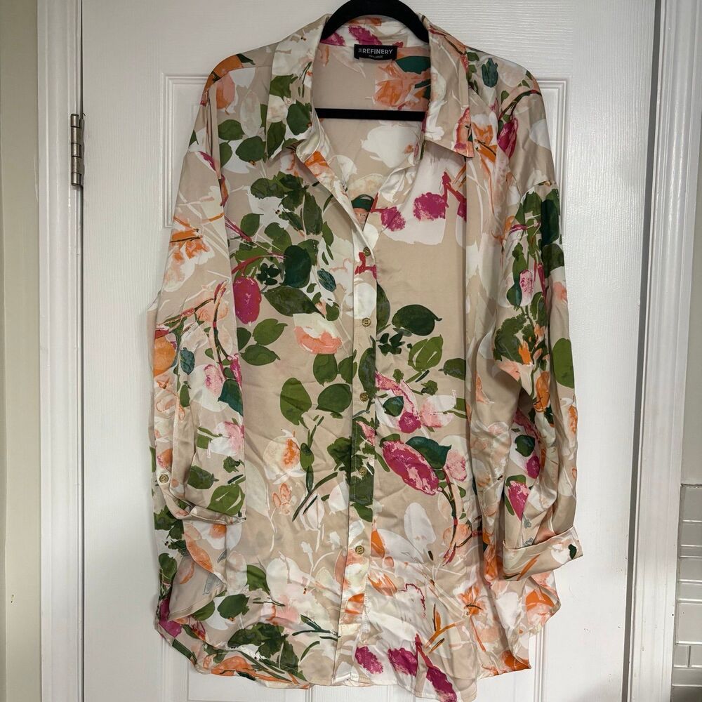 The Refinery Tan Floral Button Up Tunic Top Size‎ 3X